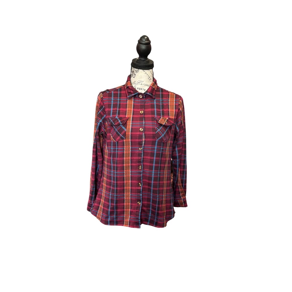 rue21 Womens XS Plaid Sherpa Lined Button Down Shirt Burgundy‎ Orange Blue
